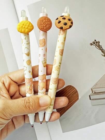 6/12pcs Cute Cookie Theme Erasable Gel Pen Blue Color Ink Pen With Eraser Clear, Cute Expression Blue Ink For Journaling, Gift, Party School&Office Supplies