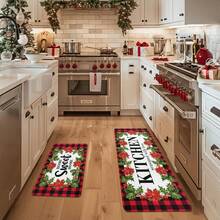1/2/3 Stücke verstärkte 0.47 Inch/1.2cm Weihnachts-Küchen-Teppiche und -Matten - Rot karierte Weihnachts-Teppiche und -Matten rutschfest waschbar, Fußmatte mit geringer Profil für Feiertage, Weihnachtsdekoration für Zuhause, Heim süßes Heim