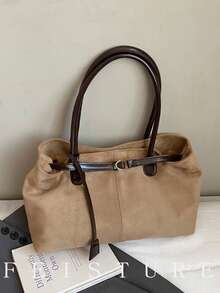 1pc Faux Suede Fashion Color Block Handbag, Strap Decor Shoulder Bag, Magnetic Closure, Suitable For Daily Outing, Dating, Commuting - Khaki - View 3
