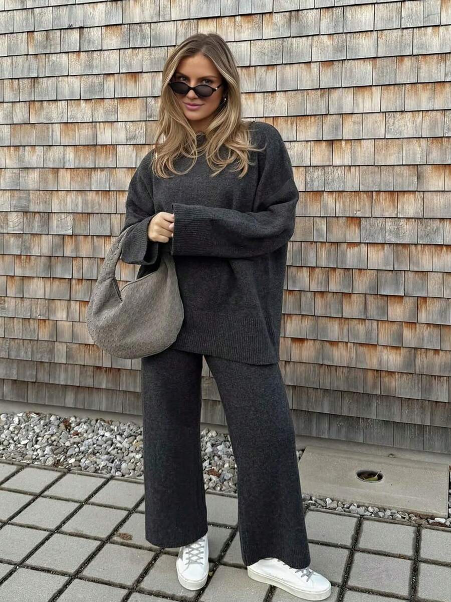 Senya Women's Autumn And Winter New Round Neck Straight Sleeve Knitted Top With Trousers Two Pieces Set, Loose Casual Slouchy, Daily Commuting, Office, Home Jumper Set - Dark Grey - View 1