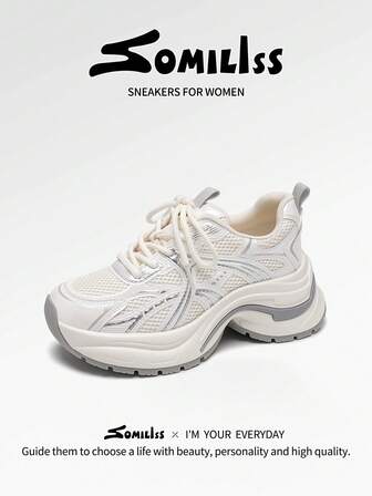 somiliss 5cm Platform Lace-Up Casual Sneakers For Women, Comfortable Outdoor Walking Shoes, Faux Leather & Mesh Patchwork, Anti-Slip, Fashionable Chunky Sole, Pearl White, Autumn/Winter