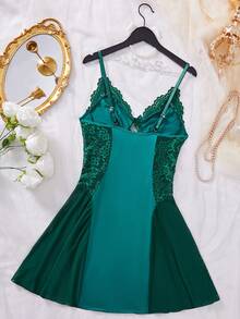 Women Sexy Lingerie Contrast Lace Milk Silk Chemise Nightgown Babydoll Dress Slip Nightwear - 綠色 - 查看 2