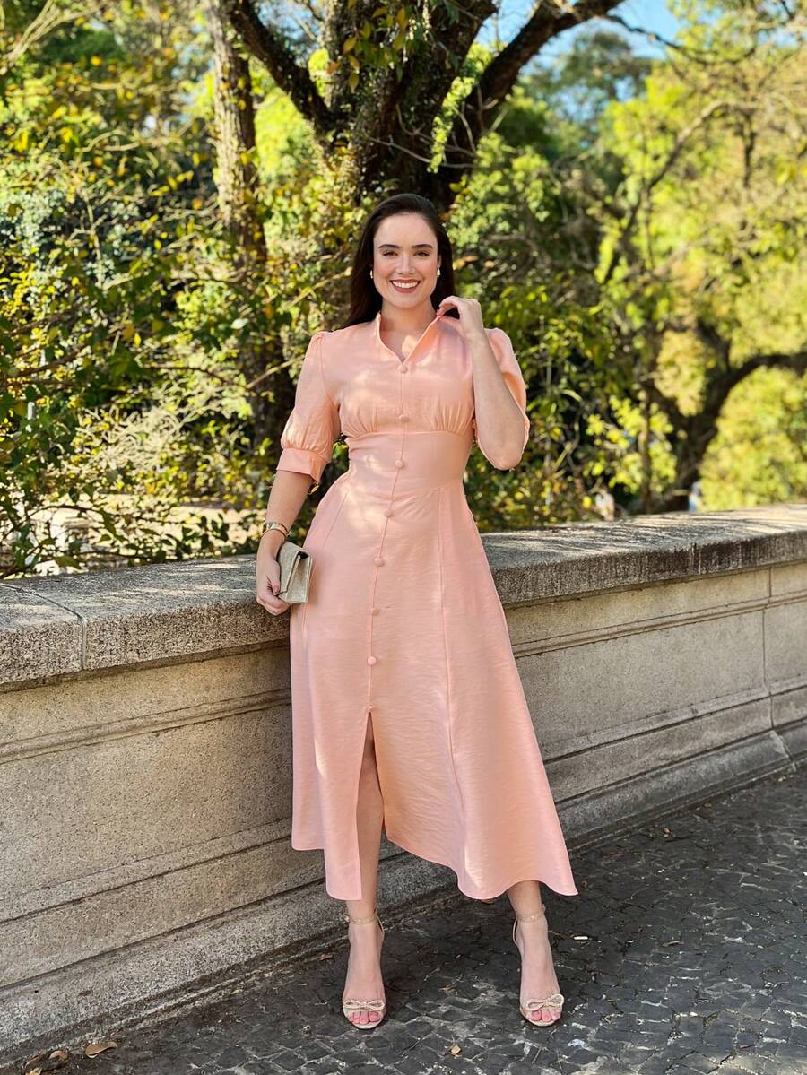 MARRANT PLAIN MIDI DRESS Simple Button Contrasted Waist WOMEN'S SUMMER FASHION - Màu Hồng San hô - Xem 1
