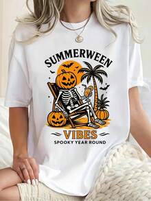 Plus Size Summerween Skeleton T-Shirt Women's Spooky Pumpkin And Palm Tree Print Halloween Party Casual Wear 220g