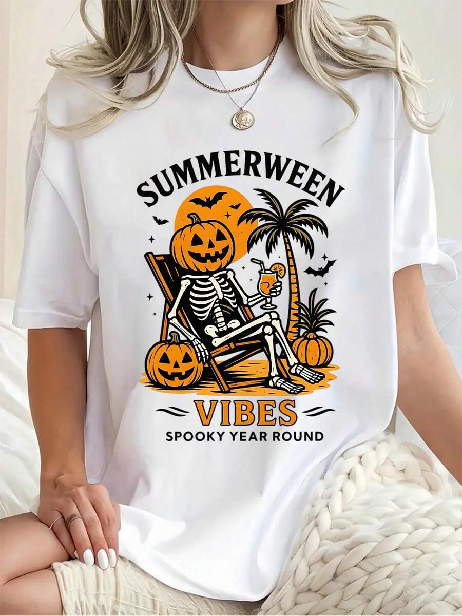Plus Size Summerween Skeleton T-Shirt Women's Spooky Pumpkin And Palm Tree Print Halloween Party Casual Wear 220g
