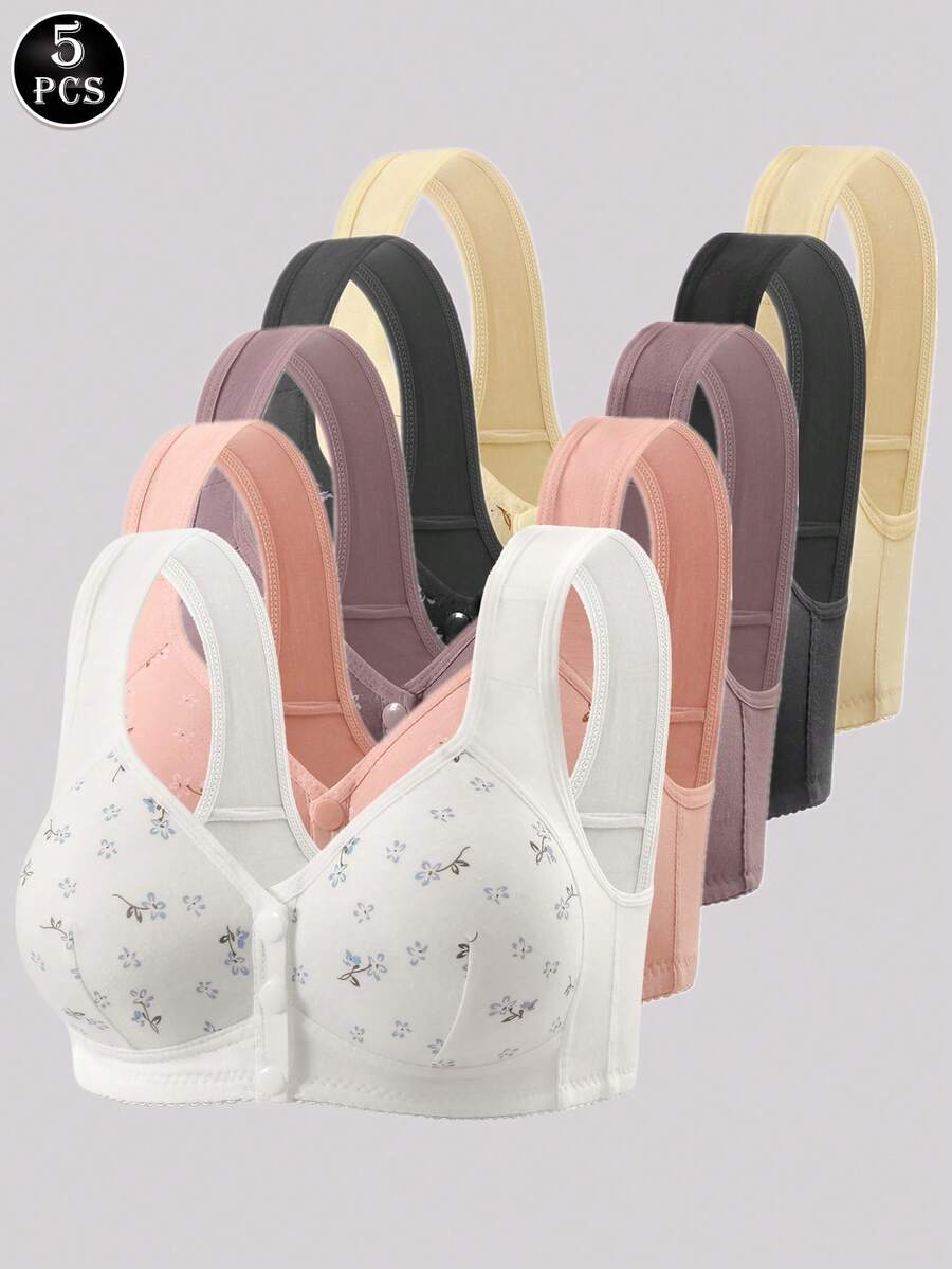 5pcs/Set Minimalist Floral Print Comfortable Front Closure Wireless Bras For Women