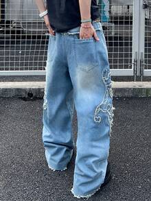 1 Quần jean ống rộng thêu viền tua rua phong cách American Streetwear, thoải mái và thời trang, đa năng (Sản phẩm không bao gồm thắt lưng và phụ kiện) - Màu xanh lam - Xem 2