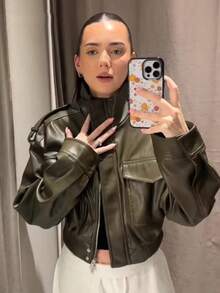 Áo khoác da PU phong cách đường phố dành cho nữ, áo khoác ngắn tay dài cổ đứng màu trơn thời trang, áo khoác ngoài sành điệu cho mùa xuân/thu. - màu xanh lá - Xem 4