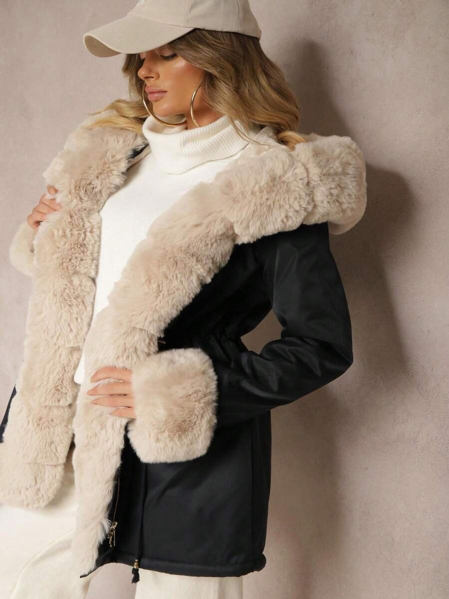 Parka Jacket With Hood And Detachable Fur Trims - Navy Blue - View 1