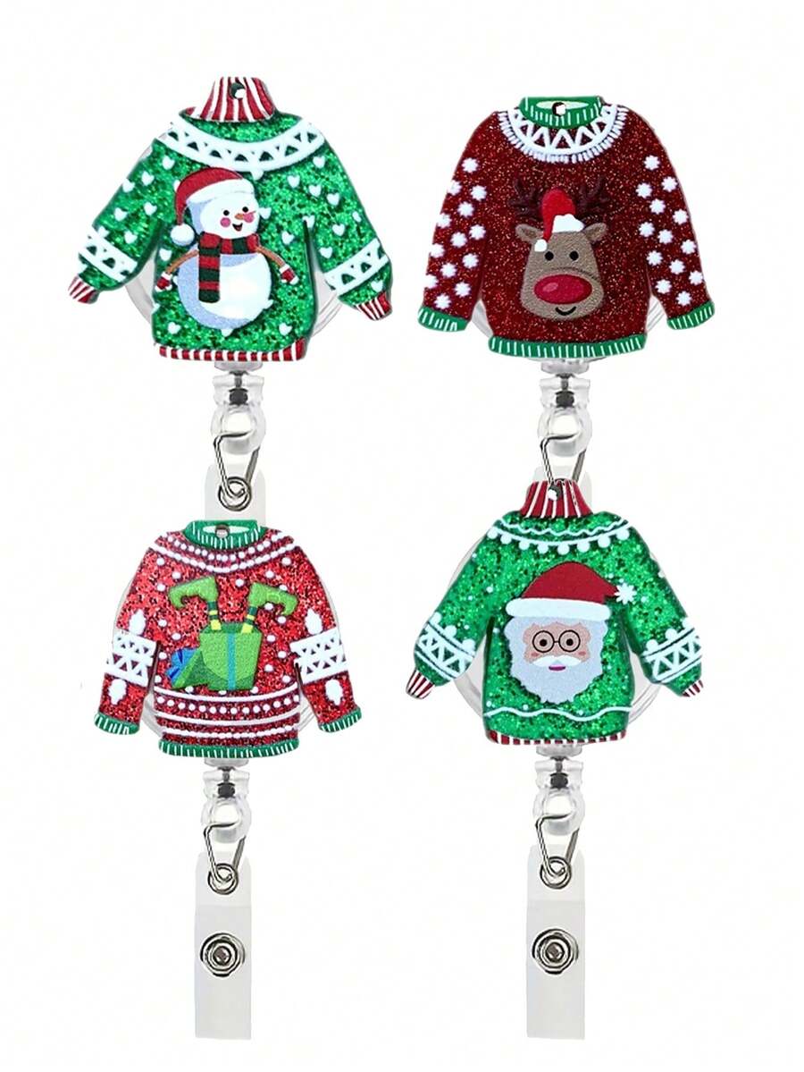 1 Stück, Weihnachtspullover-Stil, Weihnachtsmann, Schneemann, Elch, einziehbarer Ausweishalter, 360° Drehung, geeignet für Ausweishalter, Arzt, Krankenschwester, Lehrer Namensschild-Halter