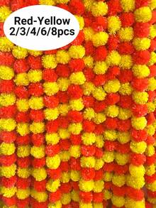 2PCS/3PCS/4PCS/6PCS/8PCS 万寿菊花环用于装饰，5 英尺长红黄色人造万寿菊花串排灯节装饰用于 Pooja、婚礼、家居装饰 - Red Yellow - 查看 1