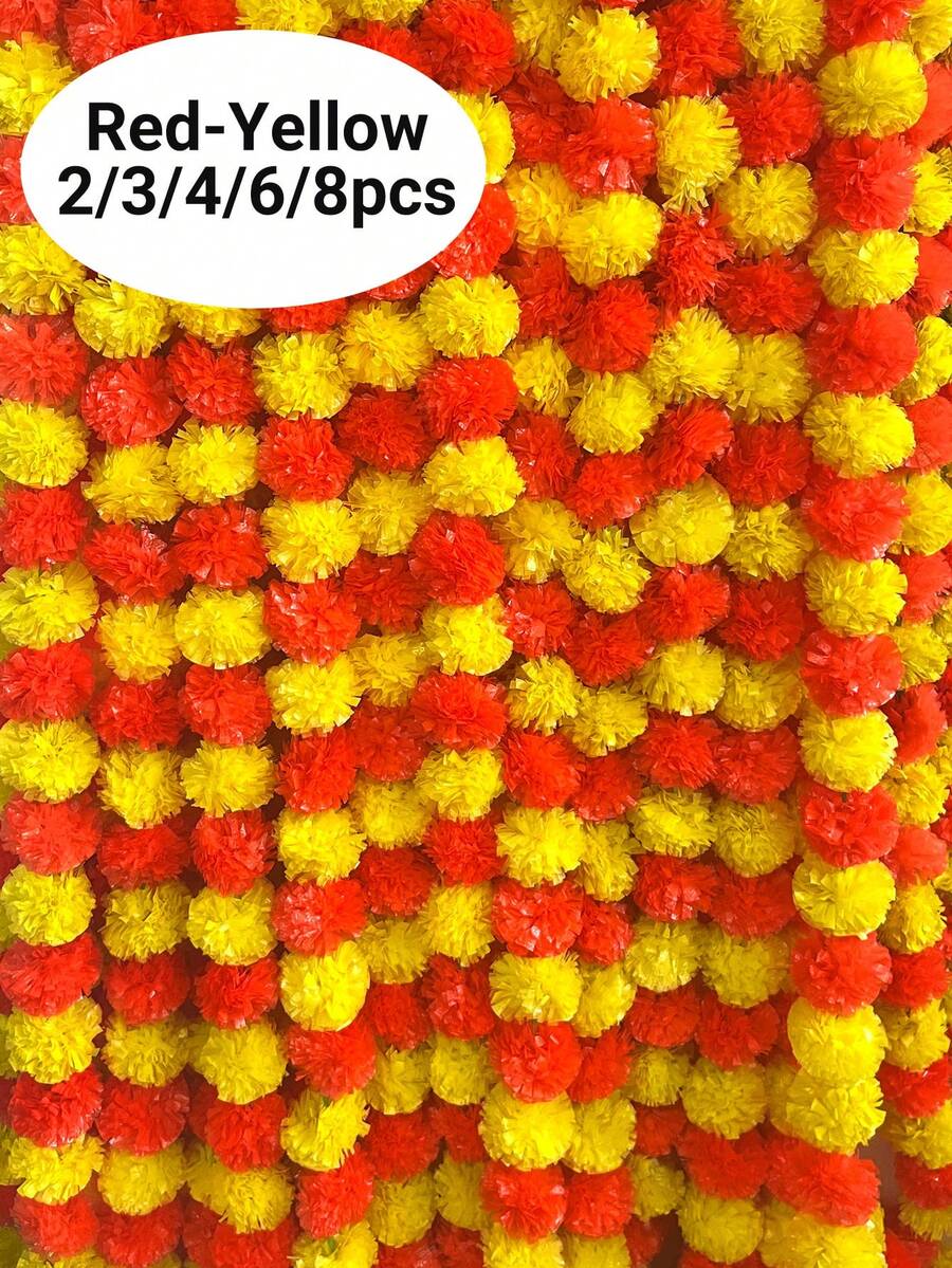 2PCS/3PCS/4PCS/6PCS/8PCS 万寿菊花环用于装饰，5 英尺长红黄色人造万寿菊花串排灯节装饰用于 Pooja、婚礼、家居装饰 - Red Yellow - 查看 1