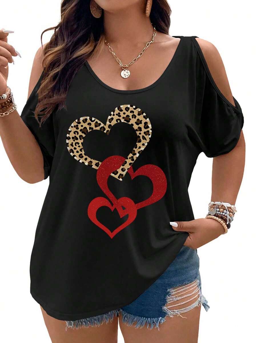Leopard Heart And Glittering Red Hearts On Gradient Background Women Cold Shoulder Tops Summer Short Sleeve Shirt Plus Size - màu đen - Xem 1