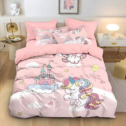 3pcs Set (1 Duvet Cover + 2 Pillowcases, No Filler), Cute Cartoon Pink Unicorn Pattern Printed Bedding Set, Soft & Comfortable Bedding Set, Bedroom Decor, Suitable For Twin/Full Bed, Minimalist, Luxury, Zipper Closure, Machine Washable, Great Gift, Polyester Material, Suitable For All Seasons