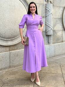 MARRANT PLAIN MIDI DRESS Simple Button Contrasted Waist WOMEN'S SUMMER FASHION - tử đinh hương - Xem 8