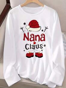 Women's Holiday Christmas T-Shirt, Long Sleeve Round Neck, 100% Polyester, Knitted Fabric, Regular Length, Patch Detail, Casual Style, Autumn Pattern Top 2025 - 白色 - 查看 3