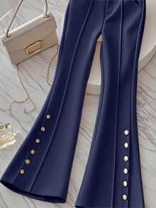 Pantalon évasé à taille haute polyvalent pour le travail quotidien, de couleur unie, avec bouton et fermeture éclair, amincissant pour femmes - Bleu marine - Voir 4