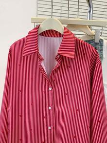 Women's Heart Print Polo Collar Striped Shirt - Casual Button Down Long Sleeve Blouse, Suitable For Spring, Summer, Autumn Daily Wear - Burgundy - View 3