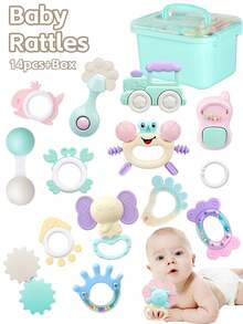 14件婴儿摇铃安抚玩具套装，含抓握、摇铃、牙胶感官玩具，易于抓握，适合新生儿，促进早期感官发育，带收纳盒，非常适合新生男婴女婴生日/节日礼物（包装盒、图案、配件、颜色随机）