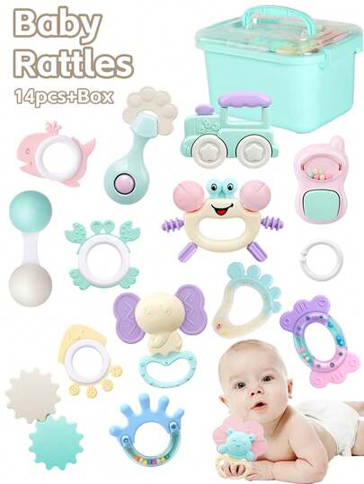 14pcs Baby Rattle Soothing Toy Set, Including Grasp, Rattle, Teether Sensory Toys, Easy To Grip, Suitable For Newborns, Promote Early Sensory Development, With Storage Box, Ideal For Newborn Baby Boys Girls Birthday/Holiday Gifts (Packaging Box, Pattern, Accessories, Colors Are Random)