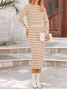 Women's Two Striped Sweater With Long Sleeve Knit Pullover Pencil Skirt Matching Travel Wear - Sọc Caramel - Xem 1