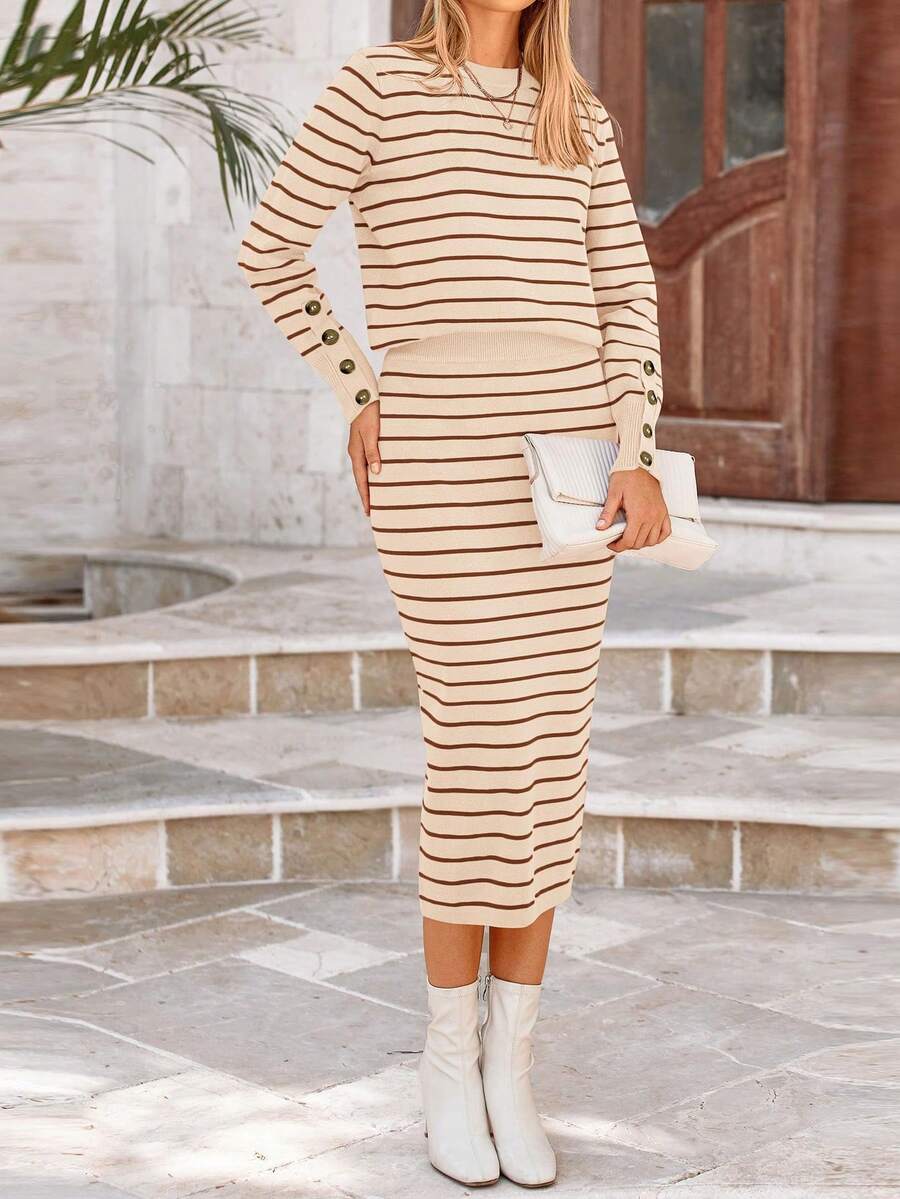 Women's Two Striped Sweater With Long Sleeve Knit Pullover Pencil Skirt Matching Travel Wear - Sọc Caramel - Xem 1