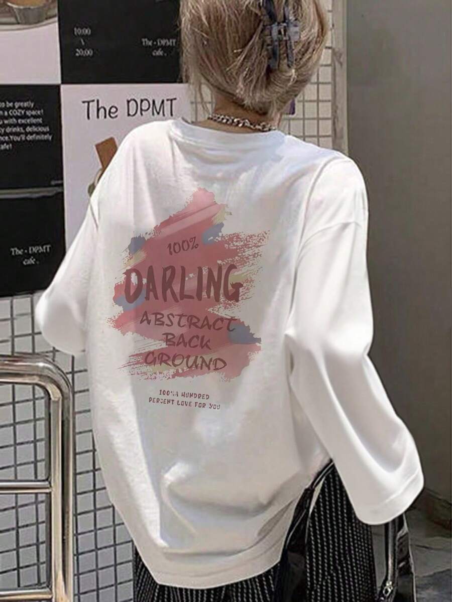 Women's Loose Fit Cartoon Print Long Sleeve T-Shirt, Versatile For Spring And Autumn Casual White - White - View 1