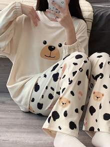 两件套女士抓绒蓬松睡衣套装，可爱小熊图案，秋冬季保暖睡衣，秋季服装 - 杏色 - 查看 5