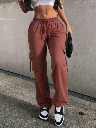 女式高街阔腿休闲裤，复古高腰抽绳百搭长裤，可调节下摆，适合户外穿着