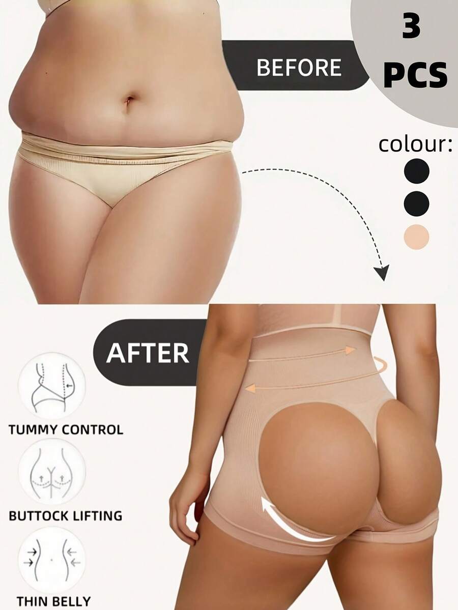 3-Pack Large Size Women's Solid Color Seamless High Waist Tummy Control Briefs, Soft, Comfortable And Breathable, Hollowed-Out Hips, Slim Fit, Hip-Lifting Boxer Briefs - Multicolor - View 1