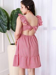 Girls' And Teen Girls' Strappy Dress With Checkered Print, Crepe Fabric, For June And July Festivals, With Ruffled Sleeves, Spring/Summer Style (Vinf430) - Merah - View 3