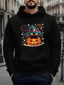 Men's & Boys' Happy Howl-O-Ween Witch Cat & Jack-O-Lantern Print Fleece Hooded Sweatshirt - Cozy Fall Winter Pullover, Casual Long Sleeve Hoodie With Witches, Bats & Spooky Motifs For Halloween & Casual Attire,Fall Hoodies,Men's Fall Clothes,Street Wear,Halloween,Mens Hoodies,Y2k Clothes,Jesus Hoodie,Thanksgiving Day,Nightmare Before Christmas,Christmas - màu đen - Xem 1