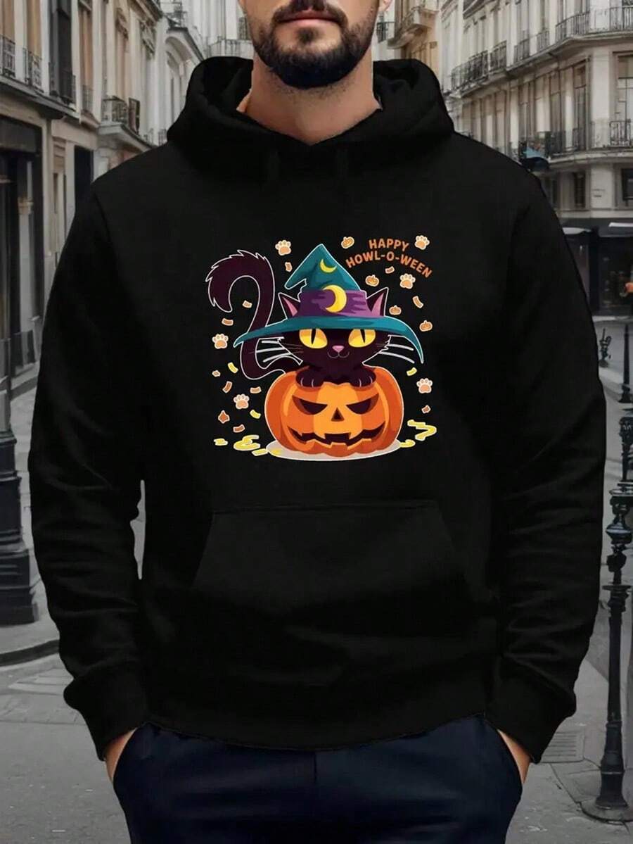 Men's & Boys' Happy Howl-O-Ween Witch Cat & Jack-O-Lantern Print Fleece Hooded Sweatshirt - Cozy Fall Winter Pullover, Casual Long Sleeve Hoodie With Witches, Bats & Spooky Motifs For Halloween & Casual Attire,Fall Hoodies,Men's Fall Clothes,Street Wear,Halloween,Mens Hoodies,Y2k Clothes,Jesus Hoodie,Thanksgiving Day,Nightmare Before Christmas,Christmas - màu đen - Xem 1