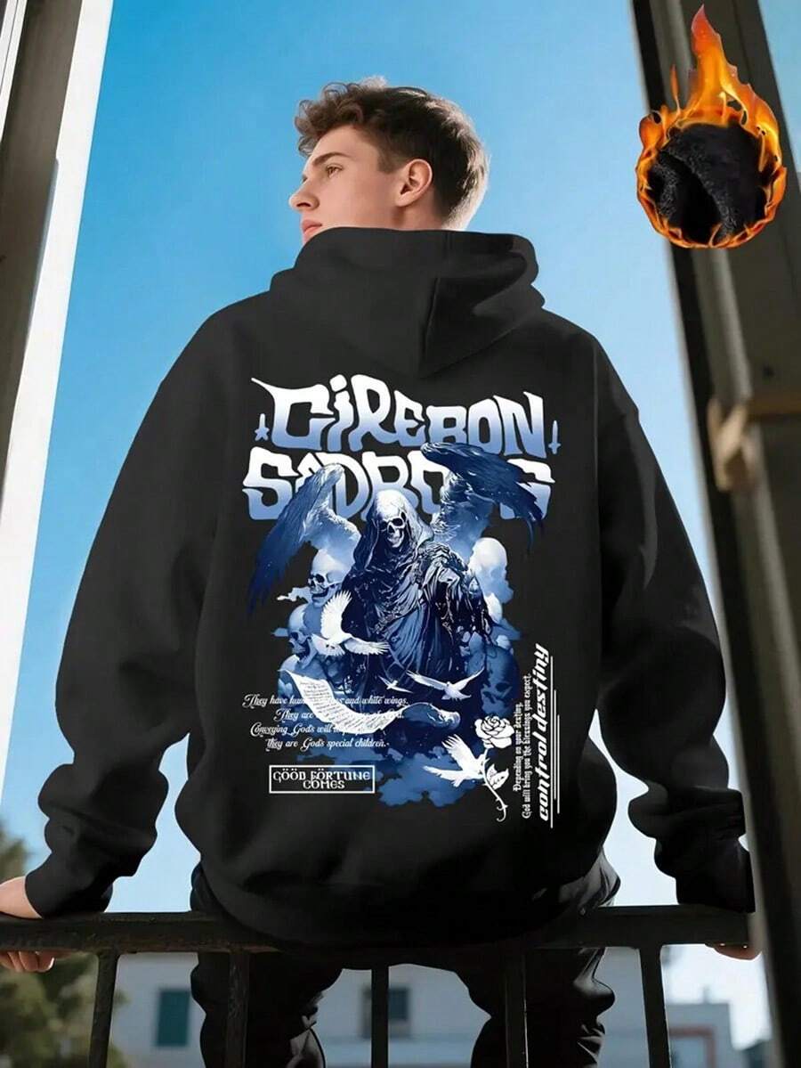 Men's Grim Reaper Graphic Hooded Sweatshirt - Y2K Gothic Streetwear With Design, Loose Fit Casual Pullover For Autumn-Winter, Japanese Manga Inspired Apparel,Fall Hoodies,Men's Fall Clothes,Street Wear,Halloween,Mens Hoodies,Y2k Clothes,Jesus Hoodie,Thanksgiving Day,Nightmare Before Christmas,Christmas - màu đen - Xem 1