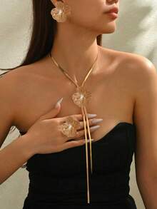 4pcs Elegant Necklace + Earrings + Ring Jewelry Set, Fashionable European And American Exaggerated Metallic Style, Creative Geometric Hollow Flower, Flat Snake Chain, Y-Shaped Tassel Long Necklace, Suitable For Daily Wear, Banquet, Celebration, Versatile Luxury Gift