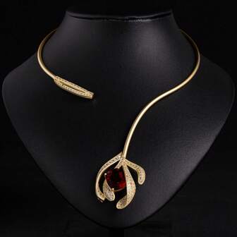 1 件金色/时尚/优雅女士项链，开放式设计，镶嵌合成方晶锆石，花形，女士项链/颈链/礼物