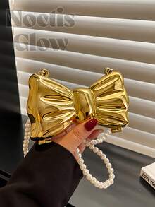Mini Bowknot Mini Evening Bag, Small Personalized Fashion Chain Lipstick Bag For Women, Suitable For Valentine's Day, Party, Date, Decorative Shoulder Crossbody Bag, Coin Purse, Silver, Gold Earphone Case - 彩色 - 查看 2