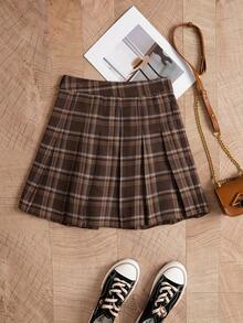 女式百褶休闲格子迷你裙，学院风 - 咖啡棕 - 查看 2