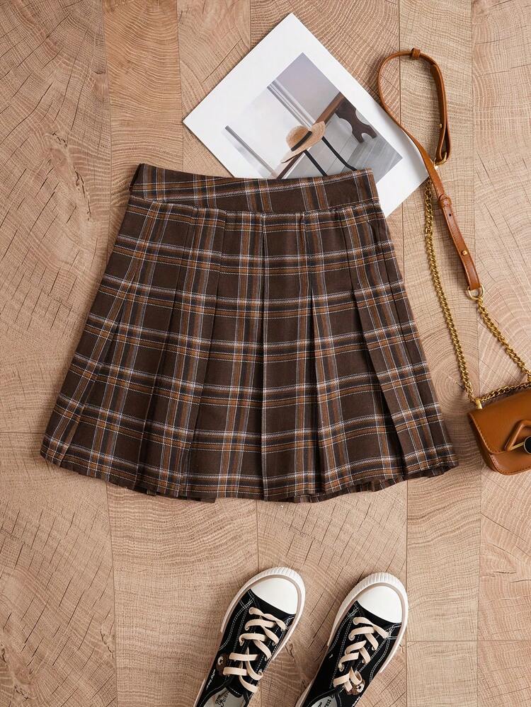 Falda mini plisada casual a cuadros para mujer, estilo escolar - Café integral - Ver 2