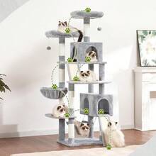 2025by Cat Tree For Indoor Cats, 71'' (180cm) Multi-Level Cat Tower For Large Adult, Sturdy Cat Tree House With 2 Scratching Boards 7 Posts, 2 Plush Perches/Condos, Hammock, Smoky Gray GCT032G