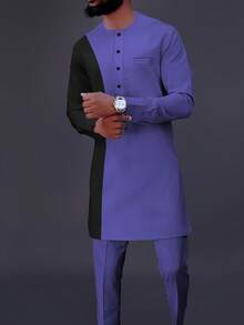 Men's Casual Long-Sleeved Two-Piece Suit, Mid-Length Top And Trousers - 藏蓝色 - 查看 2