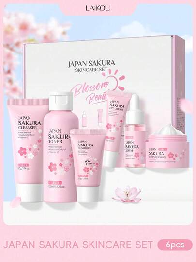  1 套 6 件深层滋养 LAIKOU JAPAN SAKURA 护肤套装，抗衰老（防晒乳液 30g SPF50 & 洁面乳 50g & 爽肤水 100ml & 精华液 17ml & 眼霜 15g & 面霜 25g）紧致护肤礼盒 SPA 亮白面部护理礼物送给女朋友自我护理