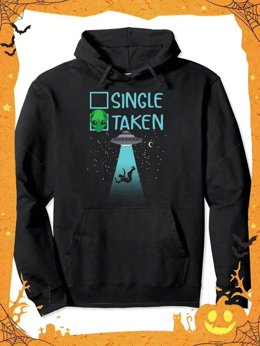 Single Taken Alien, Y Cotton Hooded Sweatshirt, Street Style Sweatshirt, Crew Neck Sweatshirt, Ultra Soft, Breathable, Four Seasons Casual Hooded Sweatshirt, Perfect For Daily Wear, Casual Outings,Fall Hoodies,Men's Fall Clothes,Street Wear,Halloween,Mens Hoodies,Y2k Clothes,Jesus Hoodie,Thanksgiving Day,Nightmare Before Christmas,Christmas - Black - View 1