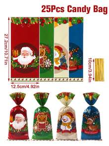 100pcs Christmas Gift Bags With Gold Jute Rope, Patterns Include Santa Claus, Snowman, Reindeer, Gingerbread Man, Plastic Material, Suitable For Christmas Party Gift Packaging, Christmas Decoration, Christmas Small Gift Bags, Christmas Candy Bags, Christmas Eve Gift Packaging, Winter Decoration, Christmas Room Decoration, Christmas Home Decor, 2026 New Year Decoration, Christmas Decoration, Party Favors. - Christmas Mix - View 6