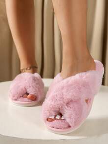 Women Fashionable Cross Belt Plush Fluffy Slippers Soft Bottom Comfortable Room Floor Quiet Bedroom House Flip Flops - Hồng - Xem 2
