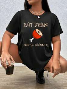 Women's Casual Graphic Print Short Sleeve Crew Neck 100%Cotton Graphic Tee Women Tops T-Shirt  Eat Drink And Be Thankful. Thanksgiving T-Shirt - Black - View 1