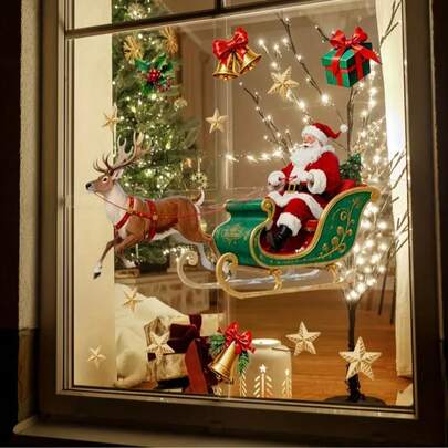 1 件圣诞老人和驯鹿静态贴纸窗饰 - 无需胶水/电力，易于粘贴的 PVC 圣诞窗饰，适用于家庭、店面、办公室、室内圣诞装饰、节日家居装饰、可重复使用的装饰圣诞装饰圣诞节装饰圣诞树礼物装饰感恩节婚礼家居装饰家居装饰秋季装饰秋季装饰生日装饰礼品派对用品室内节日装饰万圣节装饰墙面装饰万圣节装饰品
