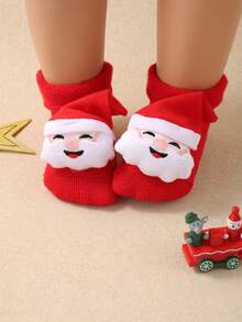 1pair Infant Christmas Red Socks For Newborns And Toddlers Baby Fluffy Ball Thicken Warm Santa Claus Design Anti-Slip Soft Floor Leg Warmers, Adorable Cozy For Babies Indoor, Autumn And Winter Daily Wear & Christmas Party,Christmas Gift Socks - Red - View 2