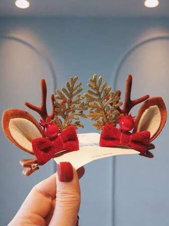 Set de 2 pinzas para el cabello con cuernos de reno navideños, diadema de reno linda, accesorios para el cabello para niñas, Navidad, pasador para el cabello, barretas para el cabello