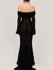 Off Shoulder Flared Long Sleeve Long Gowns Dresses - 黑色 - 查看 2